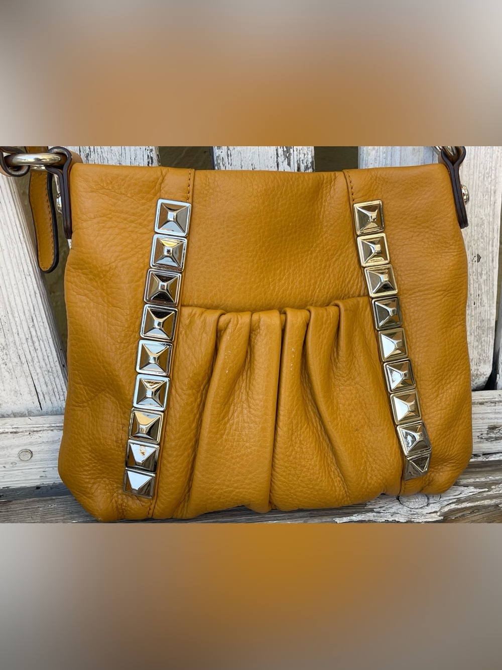 B. Makowsky Studded Pebbled Leather Crossbody Bag Camel/Tan